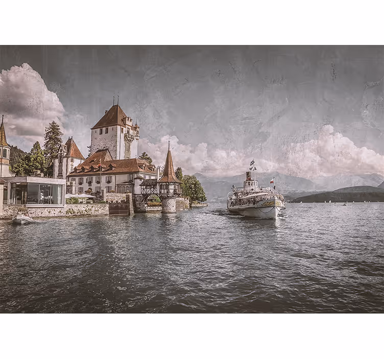 Rulou geam salon casă clasică lângă lac cu barcă - TenStickers