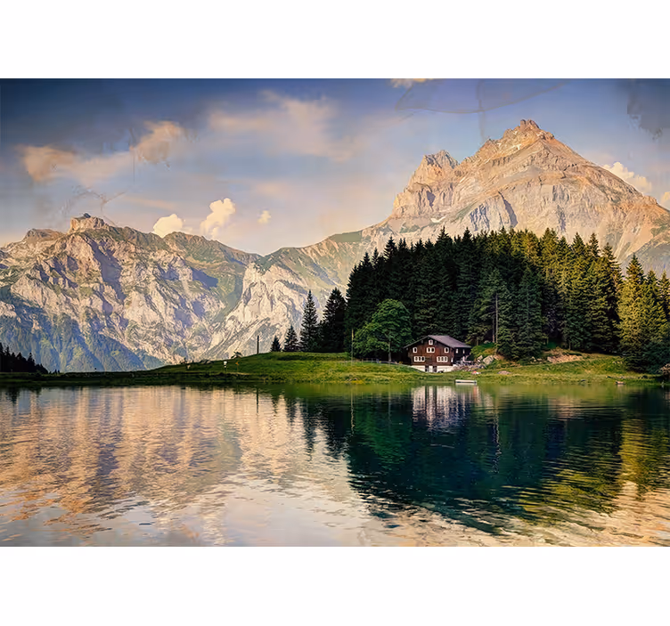 Rulou geam salon casă lângă lac cu munți în fundal - TenStickers