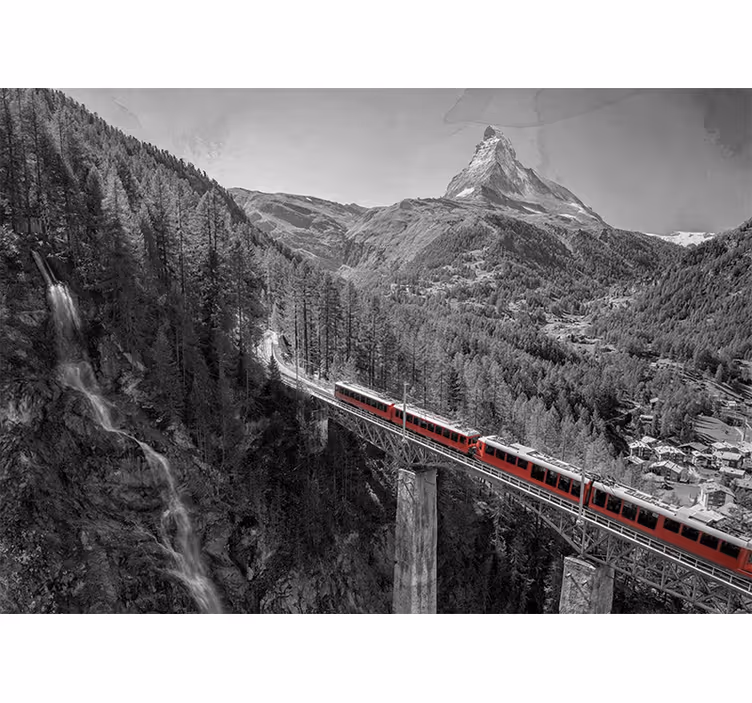 Rulou geam salon tren roșu pe pod cu matterhorn - TenStickers