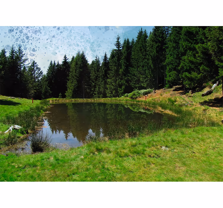 Rulou geam salon câmp verde cu copaci și lac - TenStickers