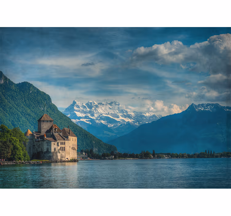 Rulou geam salon castel la lac cu munți în fundal - TenStickers