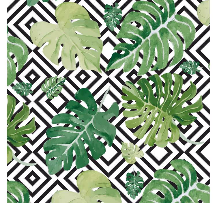 Rulou geam salon frunze de monstera pe fundal geometric - TenStickers
