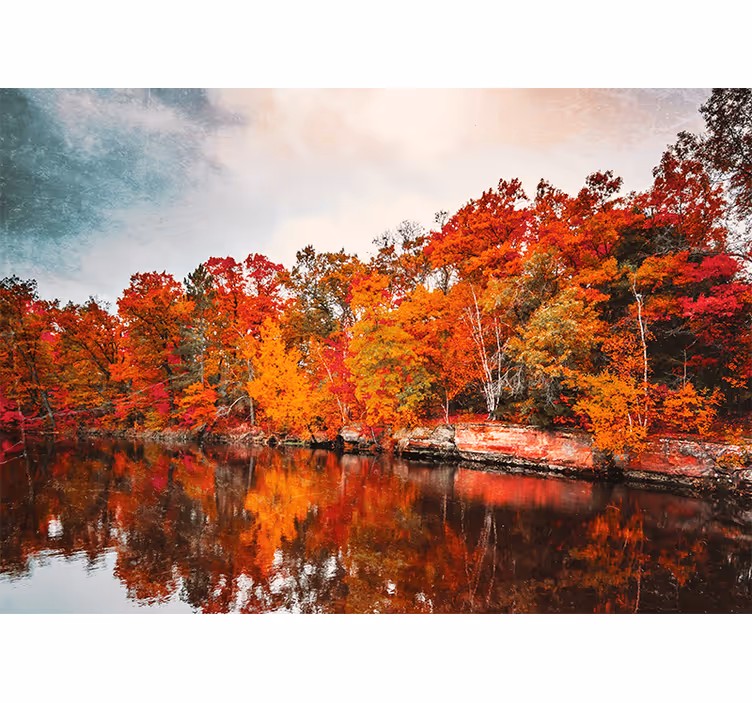 Rulou geam cameră reflexie pădure de toamnă în lac - TenStickers