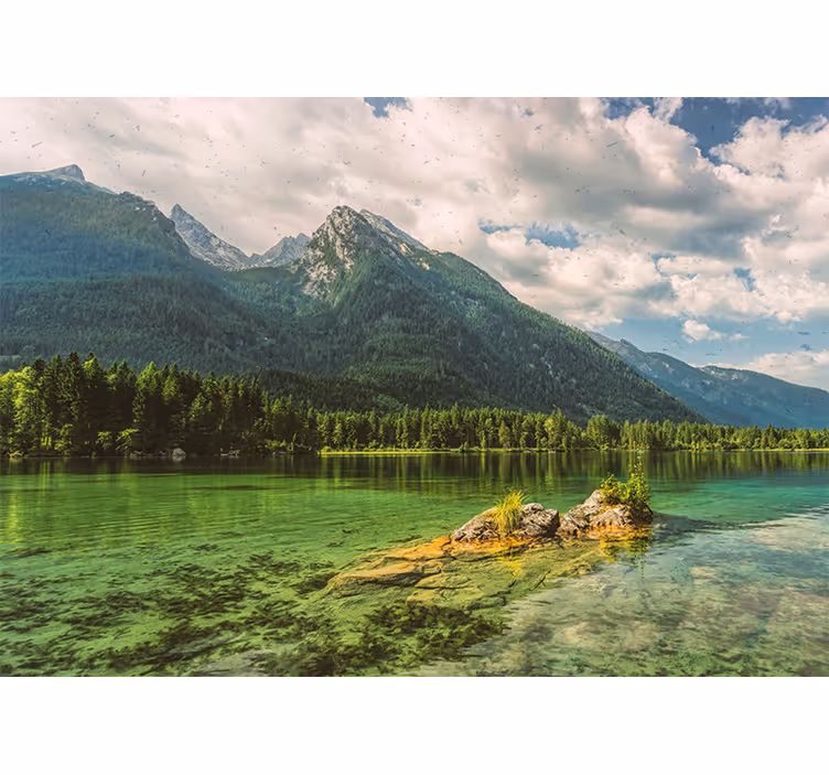 Rulou geam birou munți lac și nori - TenStickers