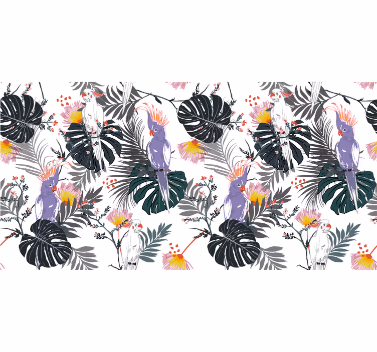 Tapet junglă papagali roșii și mov pe frunze tropicale - TenStickers