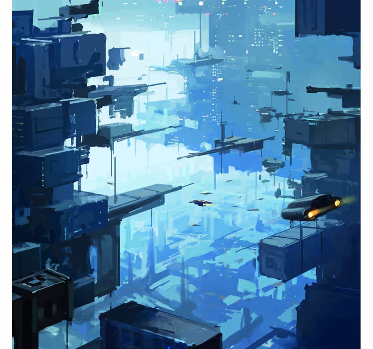 Fototapet albastru oraș futurist cu nave spațiale - TenStickers