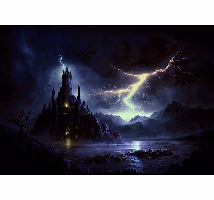 Fototapet negru castel întunecat și furtună - TenStickers
