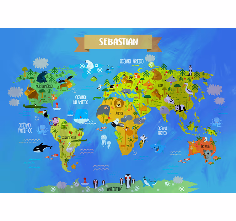 Fototapet harta lumii Harta lumii cu animale - TenStickers