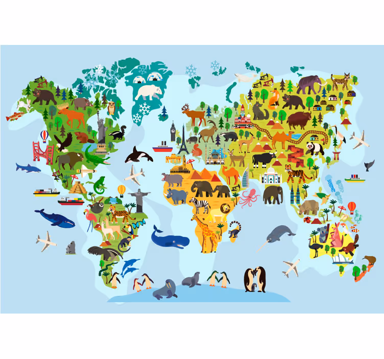 Harta lumii copiilor cu monumente și animale - TenStickers