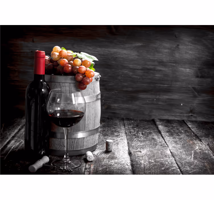 Butoi din lemn cu sticla de vin mural 3d de perete - TenStickers