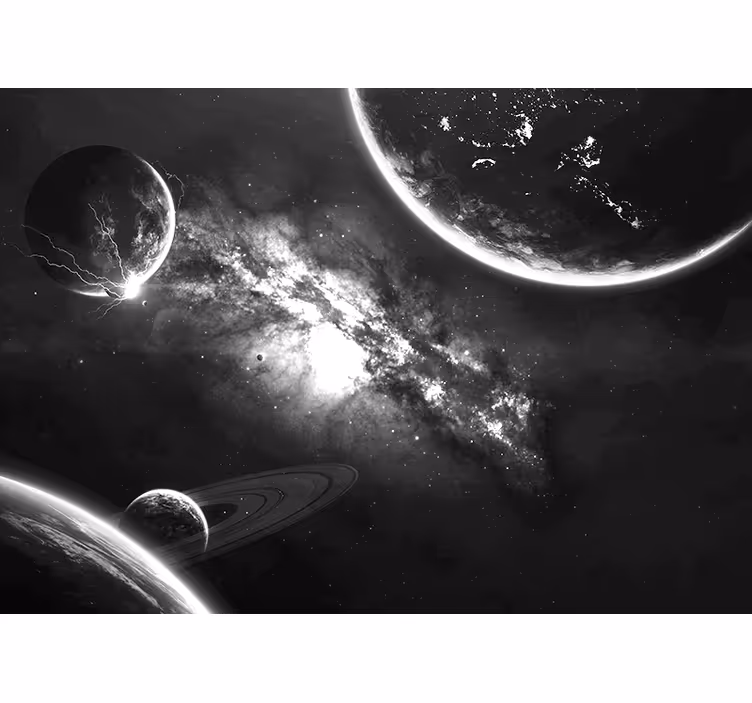 Galaxii și planete în pictura murală spațială gri - TenStickers