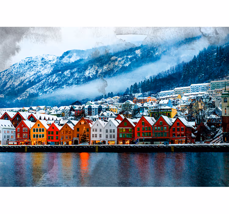 Fototapet de oraș cu cabane colorate la lac - TenStickers