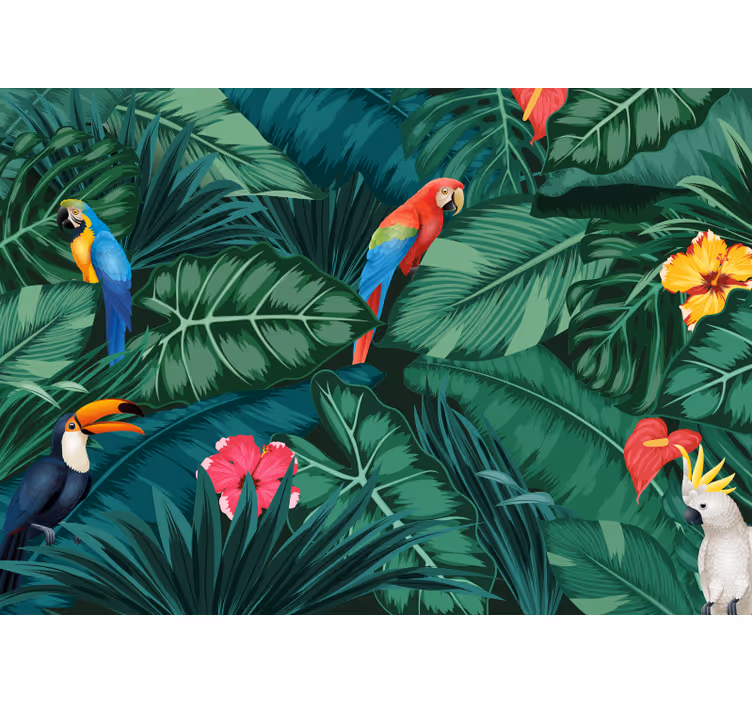 Jungla colorată cu fototapetde pădure de papagali - TenStickers