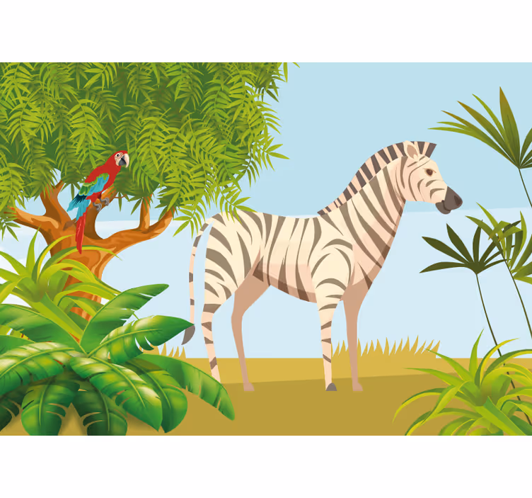 Fototapet animale scenă cu zebra și papagal - TenStickers