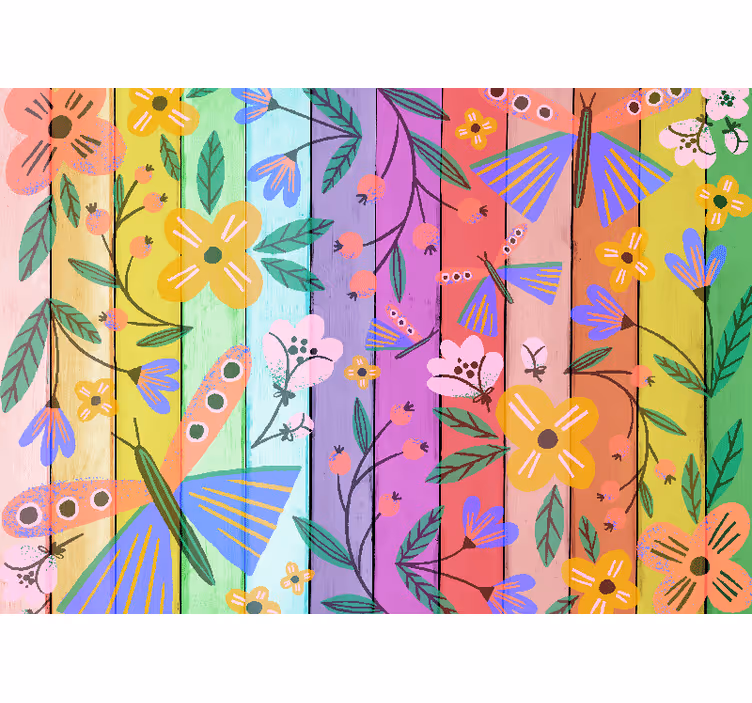 Flori colorate pe fototapetde perete din lemn - TenStickers