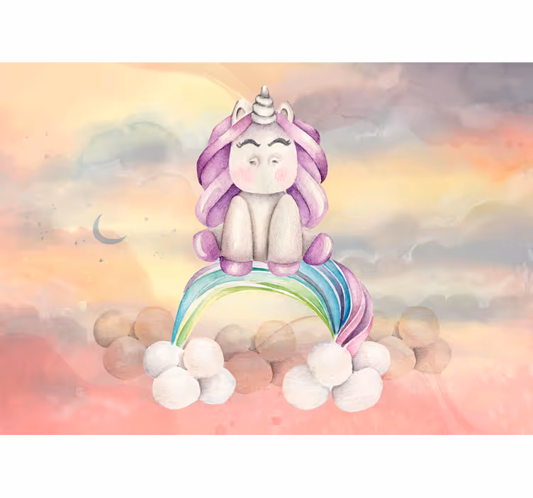 Fototapet de fantezie cu unicorn drăguț și curcubeu - TenStickers