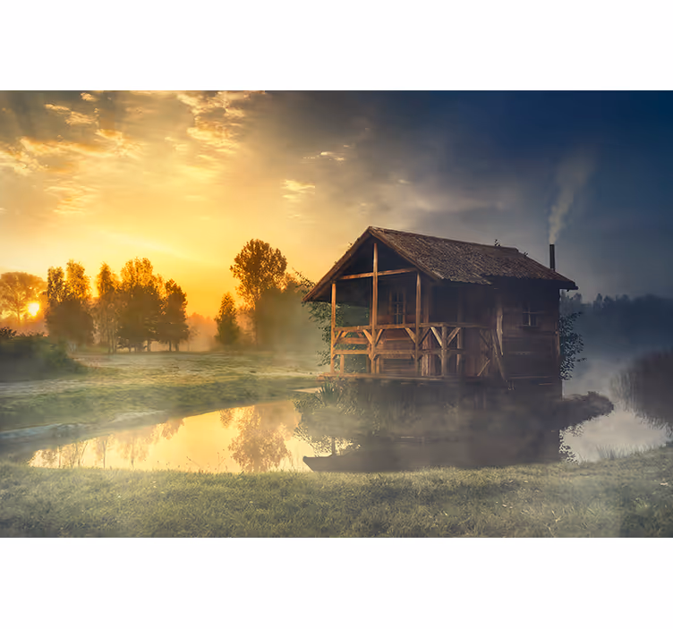 Fototapet peisaje apus liniștit la cabană - TenStickers