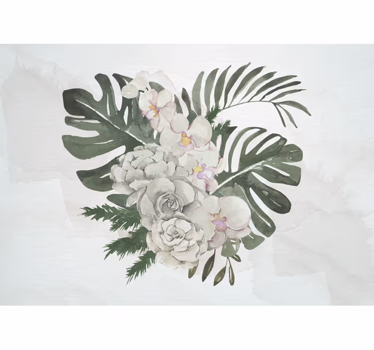 Fototapet cu frunze de monstera și trandafiri albi - TenStickers