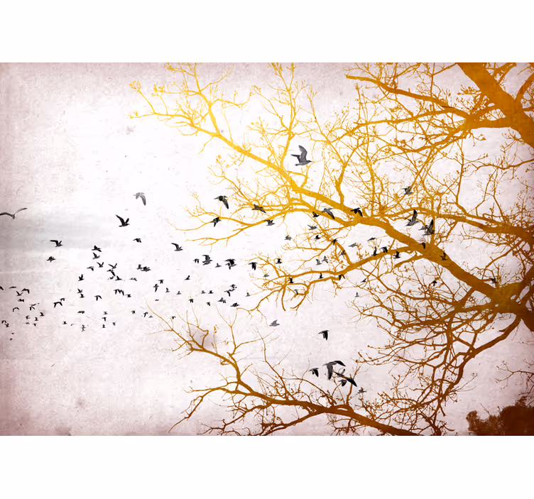 Fototapet natura ramuri aurii cu păsări - TenStickers