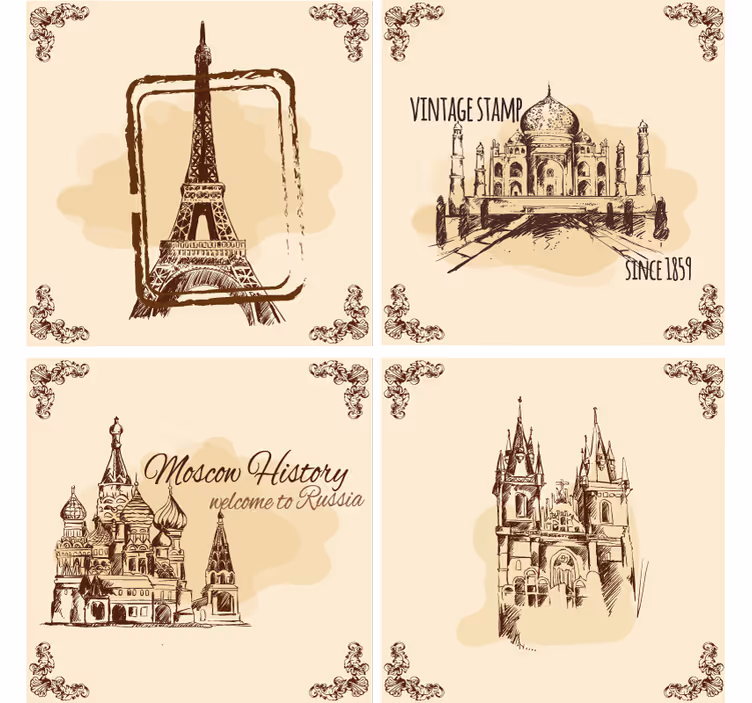 Suporturi pahare vintage ilustrații monumente istorice - TenStickers