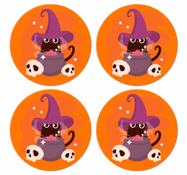 Pisică vrăjitoare pălărie ilustrare coaster de halloween - TenStickers