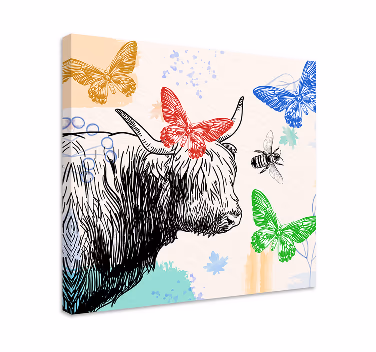 Tablou animale vacă din highlands și fluturi - TenStickers