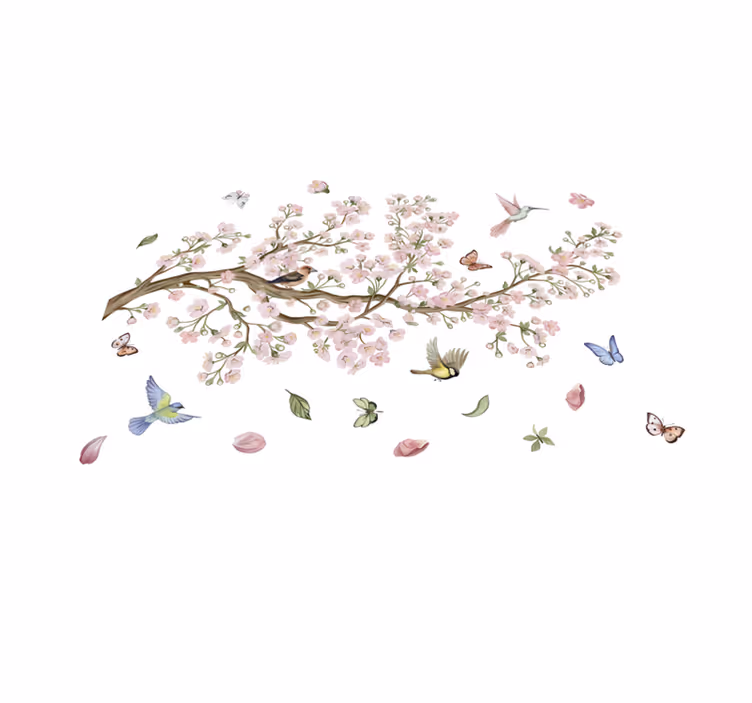 Covor vinil flori și plante flori de cireș cu păsări - TenStickers