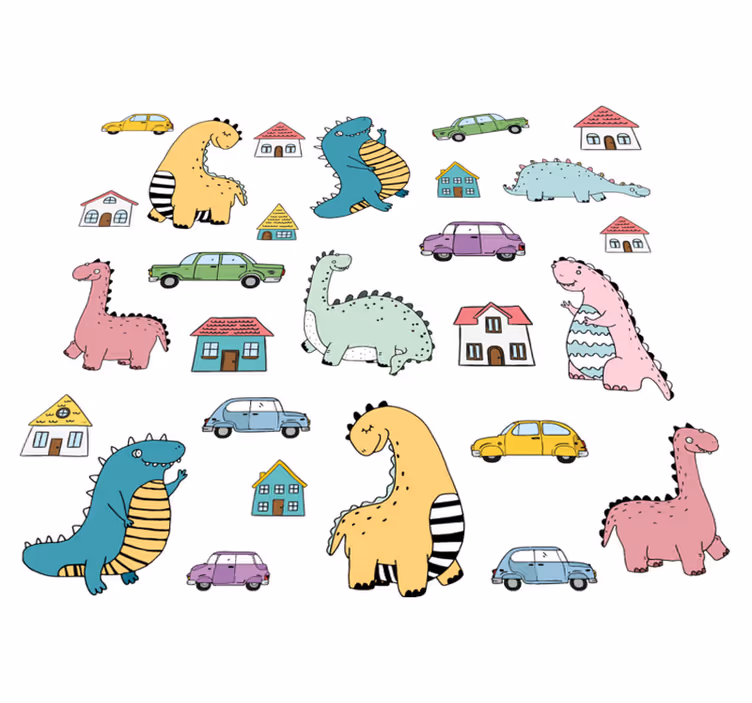 Covor vinil animal set dinozauri nordici în oraș - TenStickers