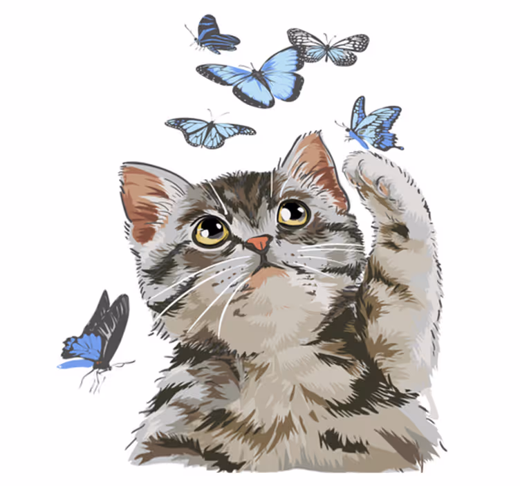 Covor vinil animal pisică cu fluturi albaștri - TenStickers
