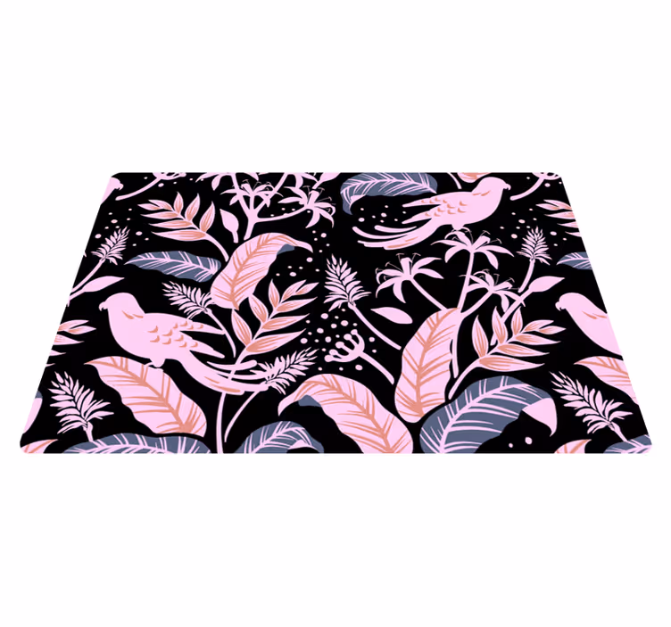 Covor vinil flori și plante păsări negre și roz pe frunze - TenStickers