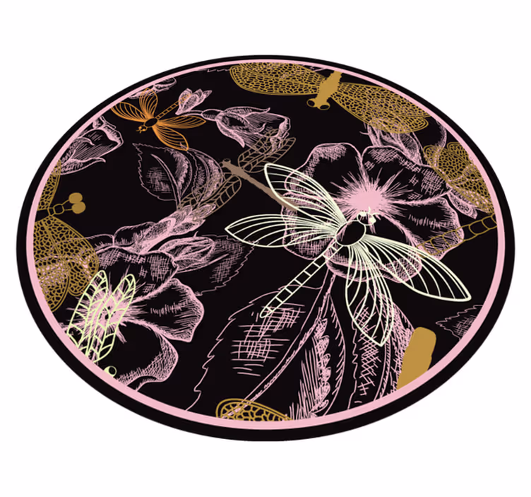 Libelule pe covor floral din vinil cu flori roz - TenStickers