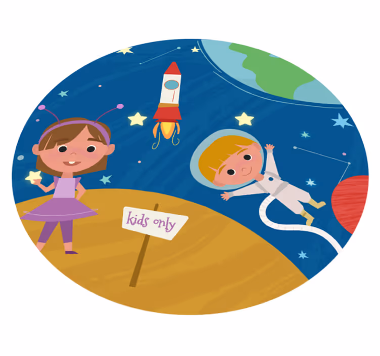 Copii cu desene animate care se joacă în covorul spațial - TenStickers