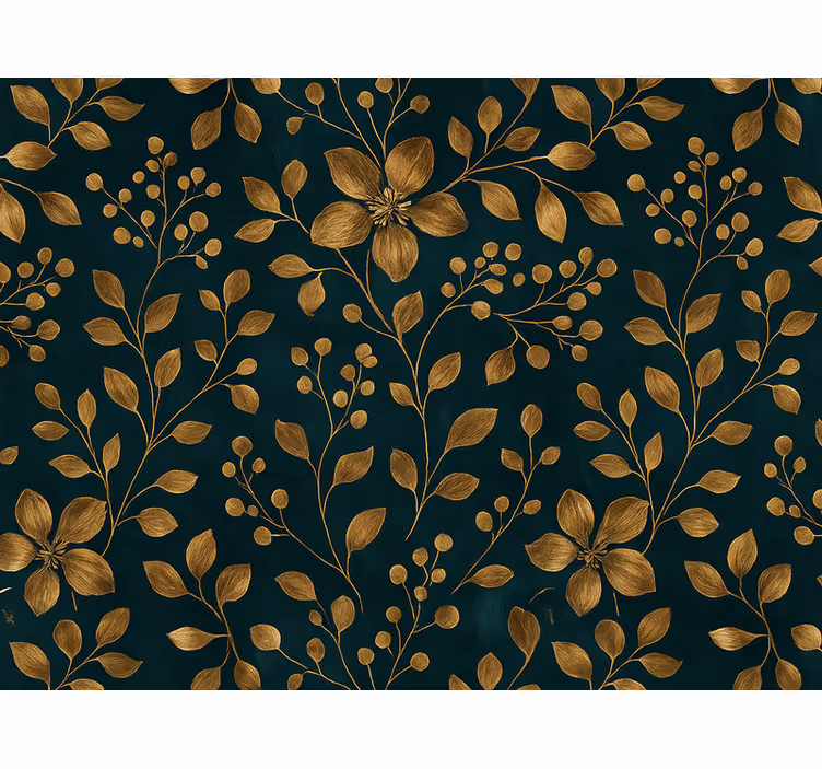 Tapet dormitor design albastru închis cu flori aurii - TenStickers