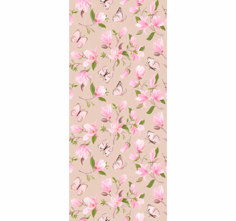 Tapet floral design cu magnolii roz și fluturi - TenStickers
