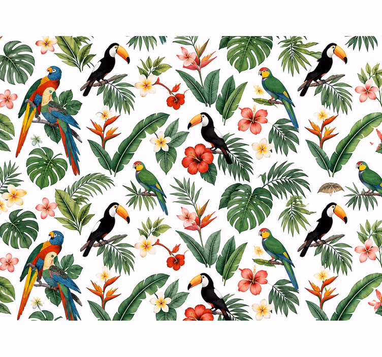 Tapet de frunze cu papagal, tucan și palmier - TenStickers