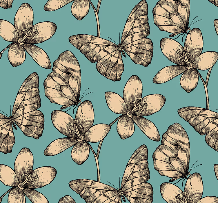 Fluture tapet flori bej pe fond albastru - TenStickers