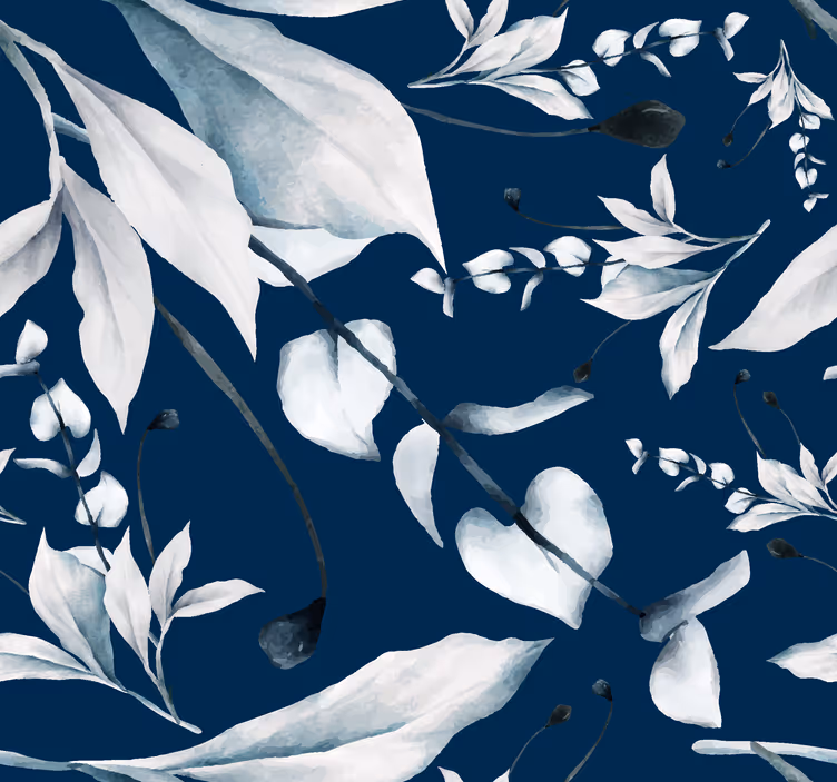 Tapet Bleumarin frunze albe - TenStickers