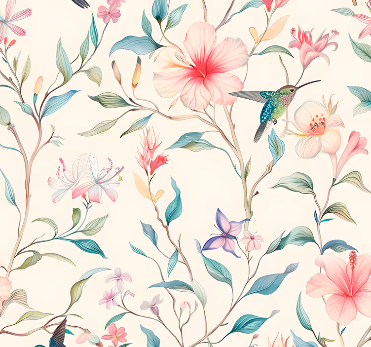 Tapet floral model cu flori și colibri - TenStickers