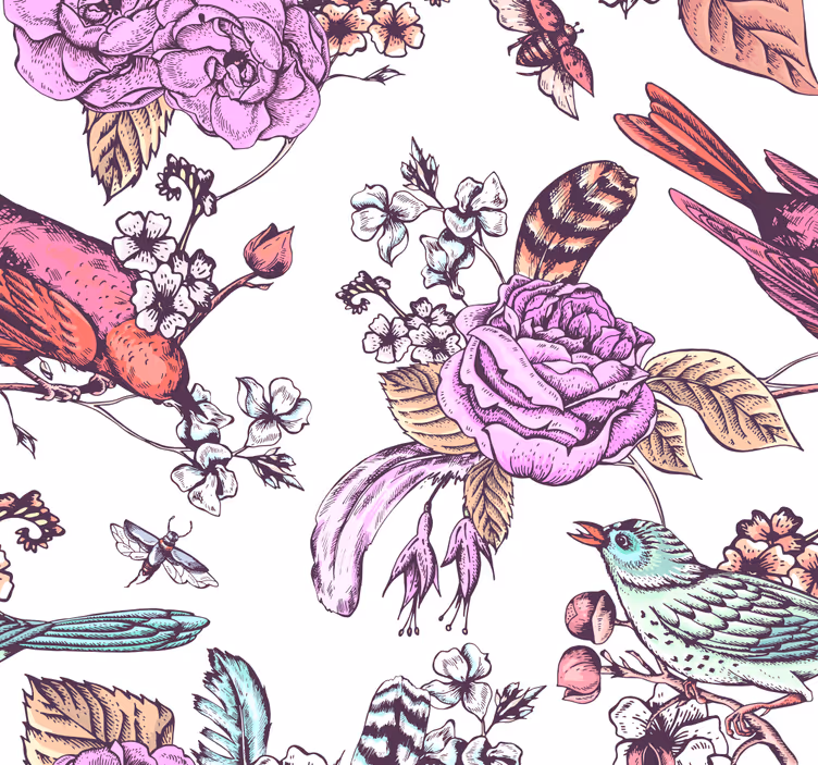Tapet floral design floral de păsări - TenStickers