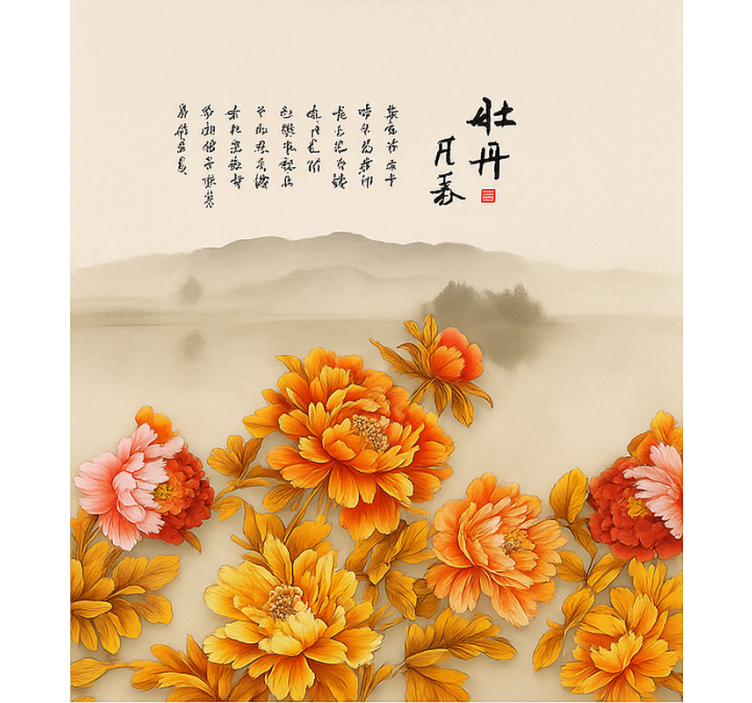 Rulou geam salon artă peisagistică cu bujori - TenStickers