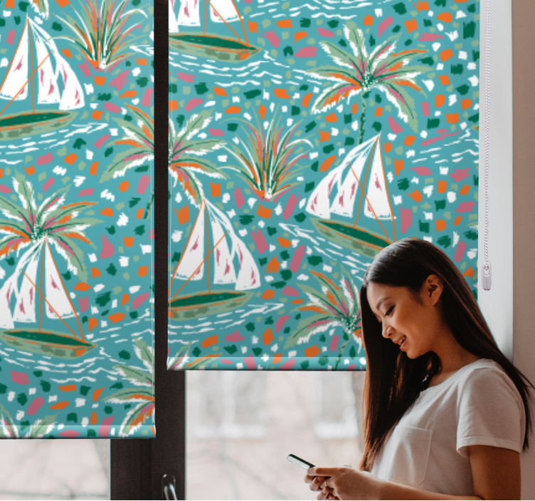 Rulou geam floral bărci cu vele și palmieri - TenStickers