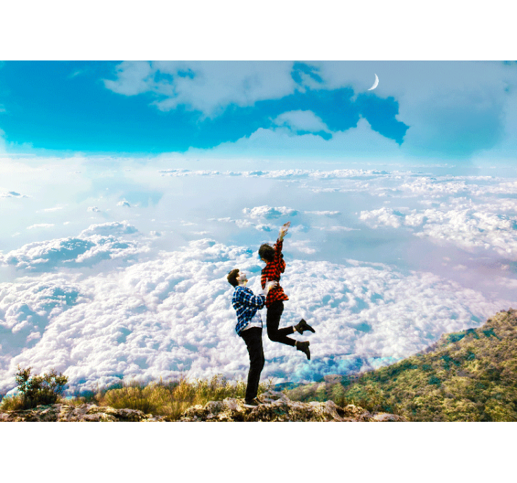 Fototapet dragoste îmbrățișare veselă deasupra norilor - TenStickers