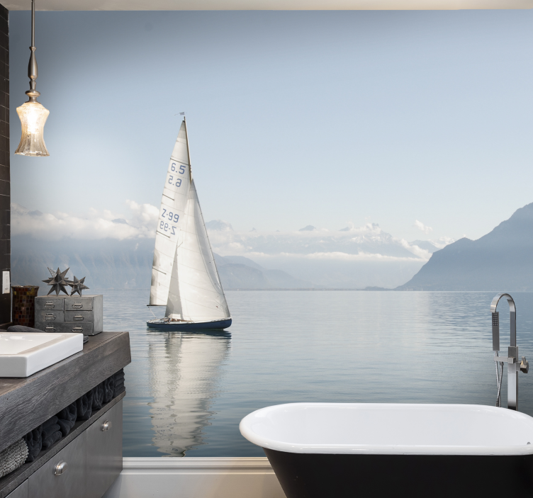 Barcă cu pânze mare liniștită sub pictura murală a mării - TenStickers