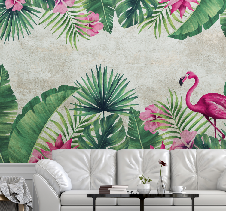 Pictură murală de natură flamingo și palmieri - TenStickers