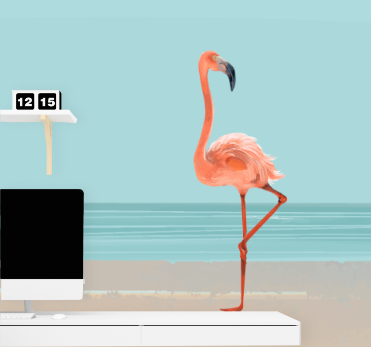 Tablou flamingo pe nisip fototapet sufragerie - TenStickers