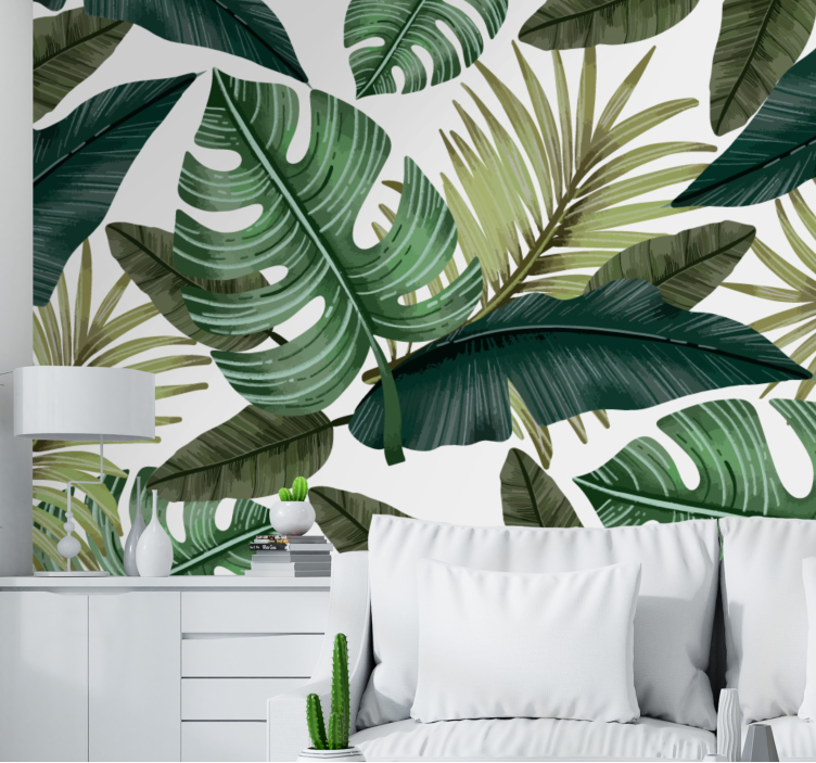 Fototapet sufragerie frunze de monstera în alb - TenStickers