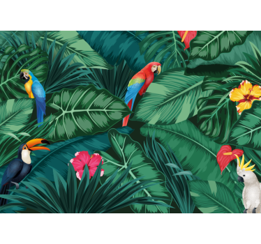 Jungla colorată cu tapet mural cu pădure de papagali - TenStickers