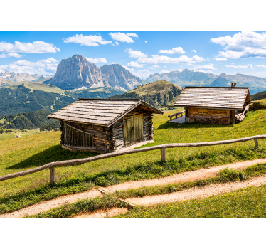 Cabană din lemn în pictura murală de munte din pădure - TenStickers