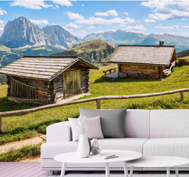 Cabană din lemn în pictura murală de munte din pădure - TenStickers