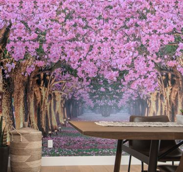 Calea cu copaci și tapet mural cu flori roz de pădure - TenStickers